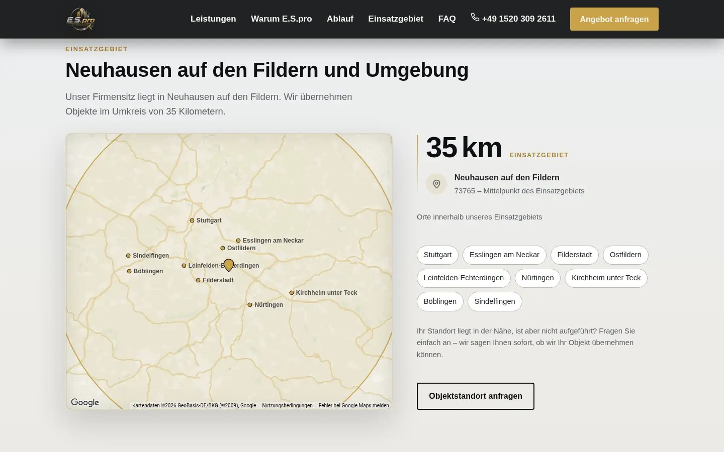 Einsatzgebiet mit Karte und Ortsliste
