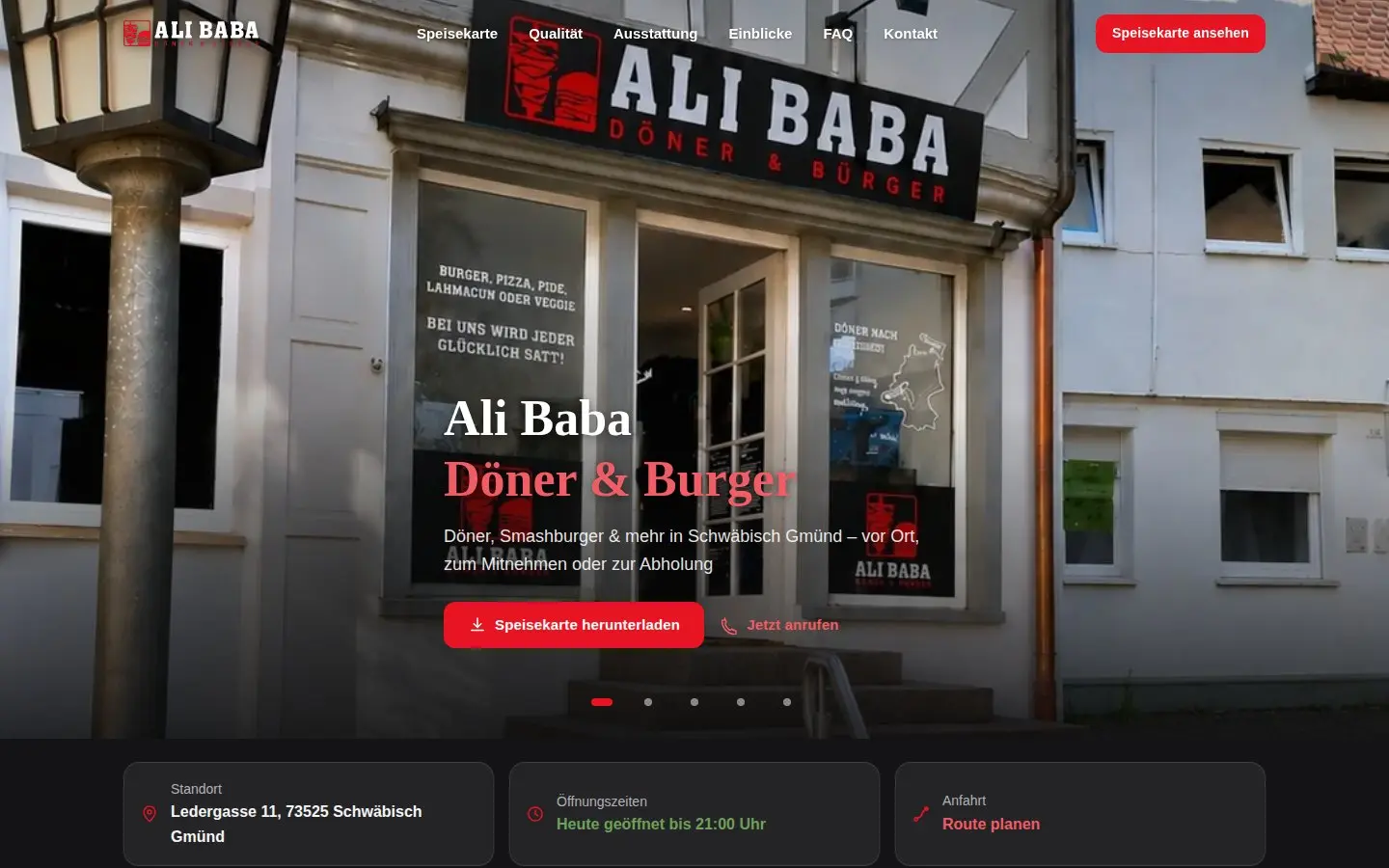 Startbereich der Website von Ali Baba Döner & Burger mit Außenansicht des Ladens