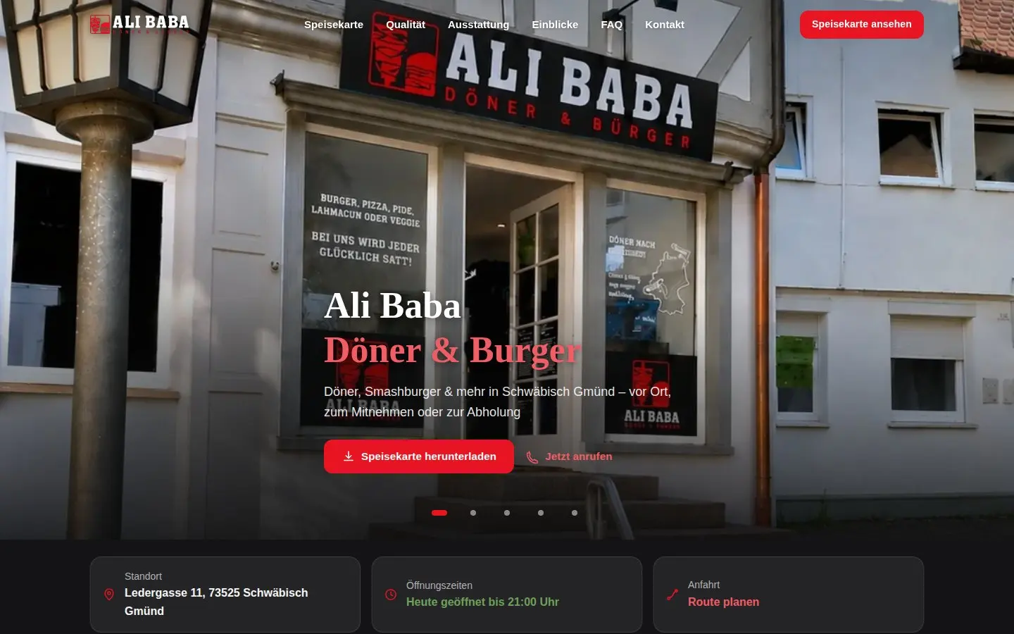 Startbereich der Website von Ali Baba Döner & Burger mit Außenansicht des Ladens