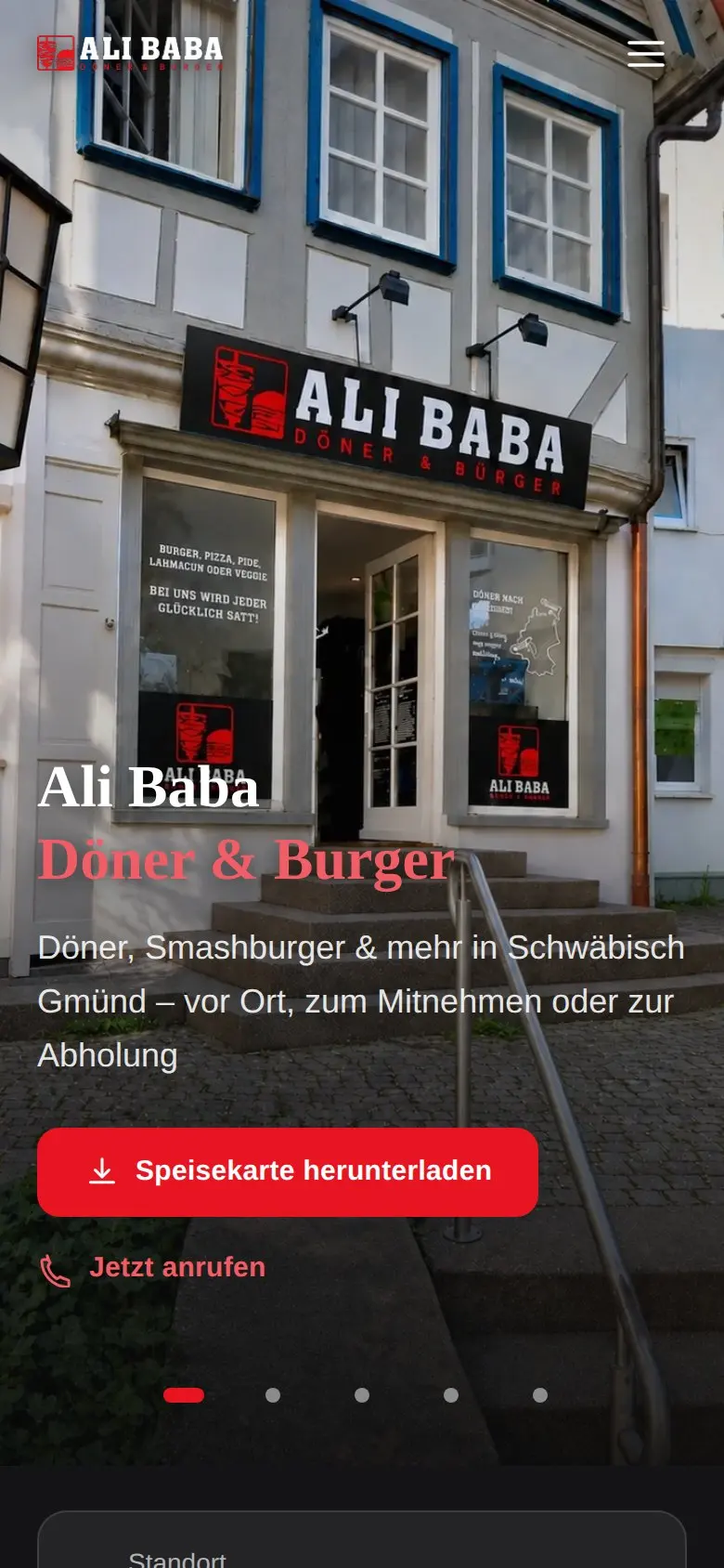 Mobile Ansicht der Ali-Baba-Website mit Startbereich und Buttons