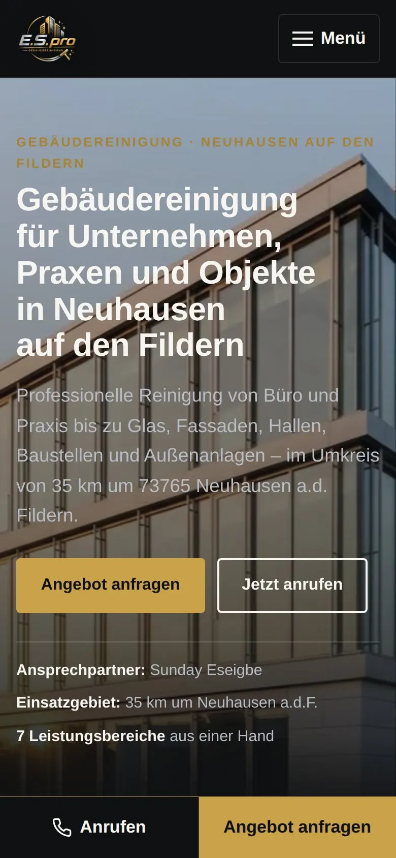 Mobile Ansicht der E.S.pro-Website mit Startbereich und Aktionsleiste