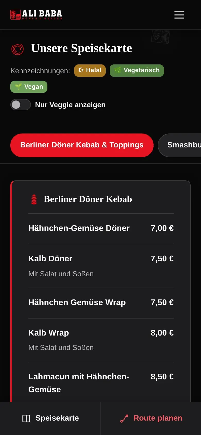 Mobile Speisekarte mit Preisen